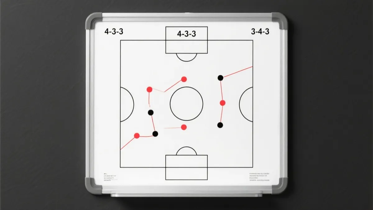 足球战术板上用线条标注4-3-3与3-4-3的跑位示意，现代感简洁风格